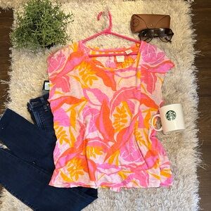 EUC C&C California 100% Linen Pink Tropical Wide Sleeve Cap Tank Top XL